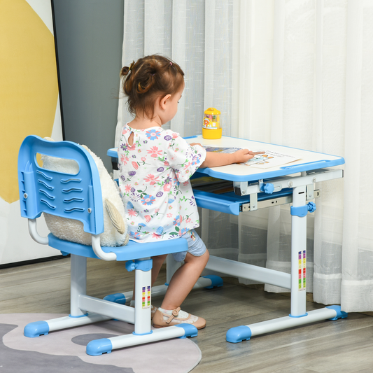 Kids desk and chair set with adjustable tiltable surface, drawer, pen slot, and hook for organization.