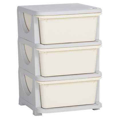 Kids storage unit with three drawers and a three-tier vertical dresser, featuring a sturdy wooden frame and colorful drawer fronts.