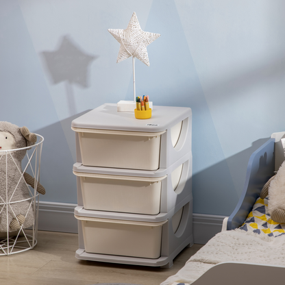 Kids storage unit with three drawers and a three-tier vertical dresser, featuring colorful compartments for organizing toys and clothes.