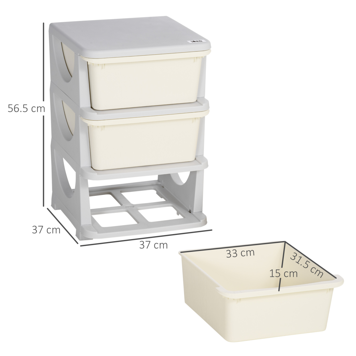 Kids storage unit with three drawers and a three-tier vertical chest dresser, featuring colorful plastic drawers for organization.