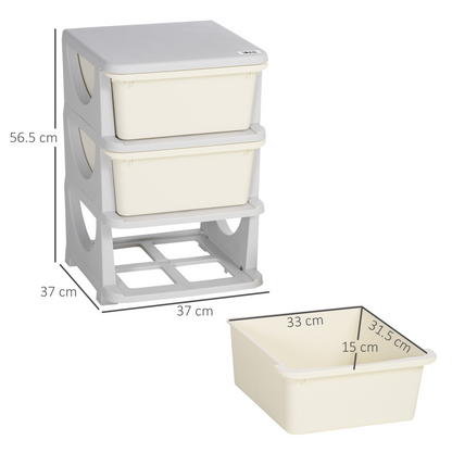 Kids storage unit with three drawers and a three-tier vertical chest dresser, featuring colorful plastic drawers for organization.