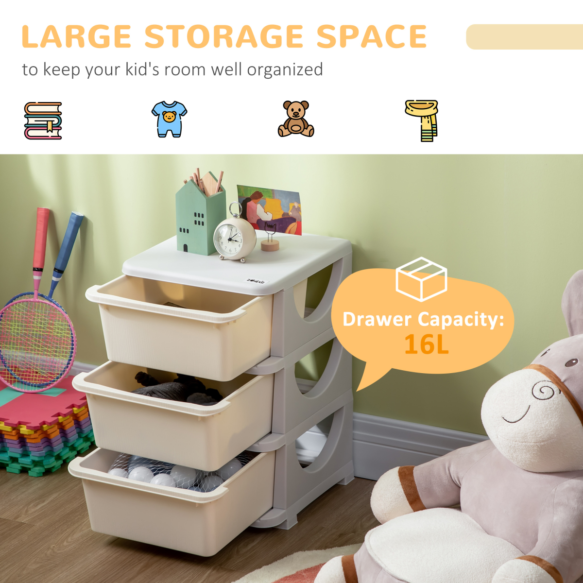Kids storage unit with three drawers and a three-tier vertical dresser, featuring a compact and functional design for children's rooms.