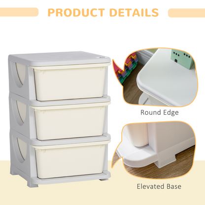 Kids storage unit with three drawers and a three-tier vertical dresser, made of wood and designed for children's bedroom organization.