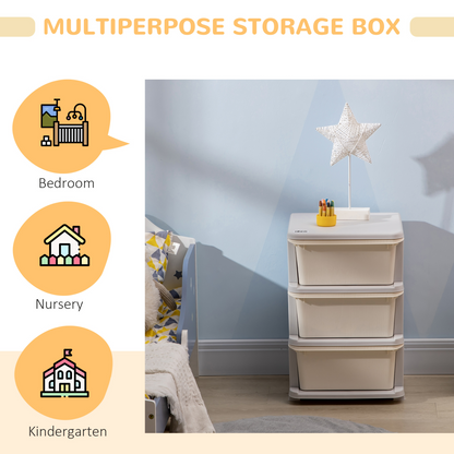 Kids storage unit with three drawers and a three-tier vertical dresser, featuring a compact design for organized toy and clothing storage.