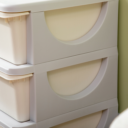 Kids storage unit with three drawers and a three-tier vertical dresser, featuring colorful, spacious compartments for organization.