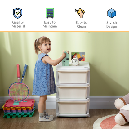 Kids storage unit with three drawers and a three-tier vertical dresser, made of sturdy wood, ideal for children's bedrooms.