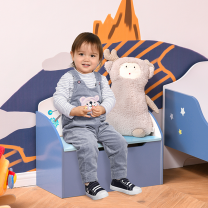 Blue kids wooden toy box by HOMCOM, storage chest and bench organizer for children's bedroom, made of sturdy wood.