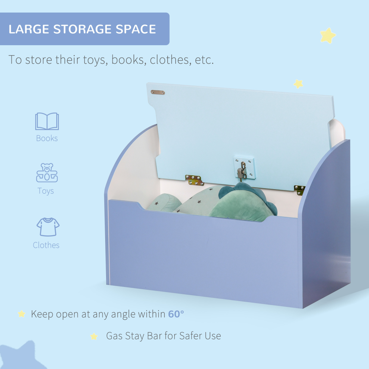 Blue wooden toy box and storage bench for children, ideal for organizing toys in a bedroom or playroom space.