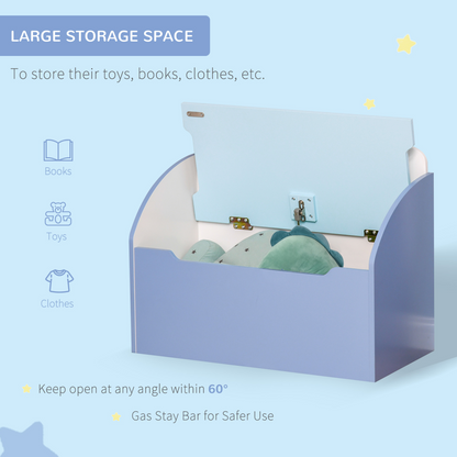 Blue wooden toy box and storage bench for children, ideal for organizing toys in a bedroom or playroom space.