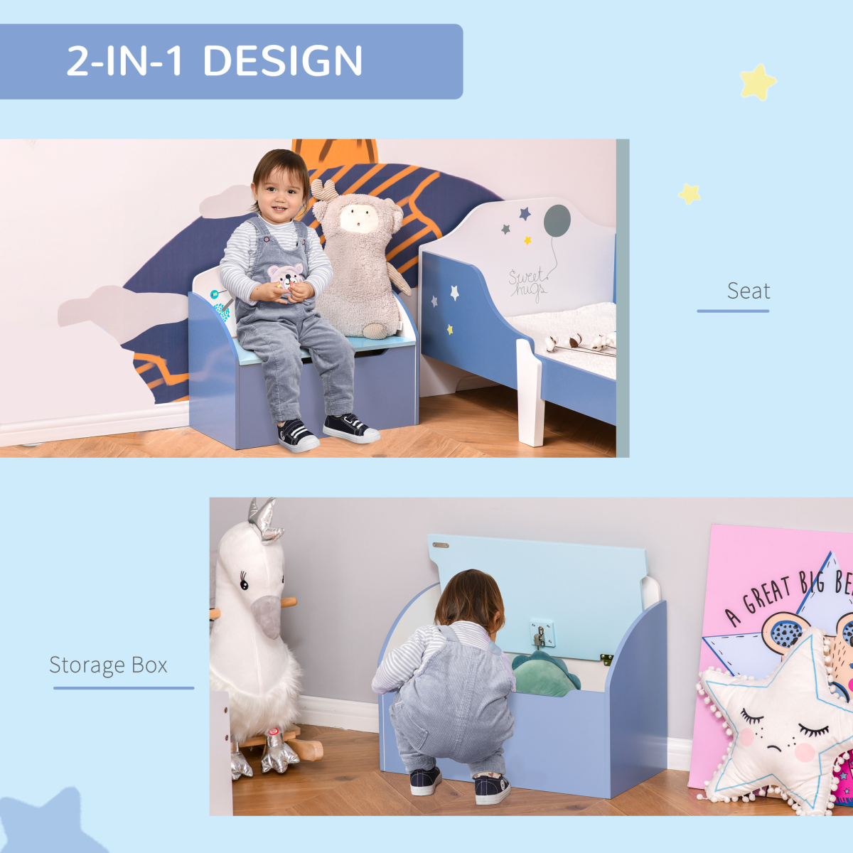 Blue wooden kids' toy box and storage chest bench, ideal for children's bedroom organization, durable and child-friendly.