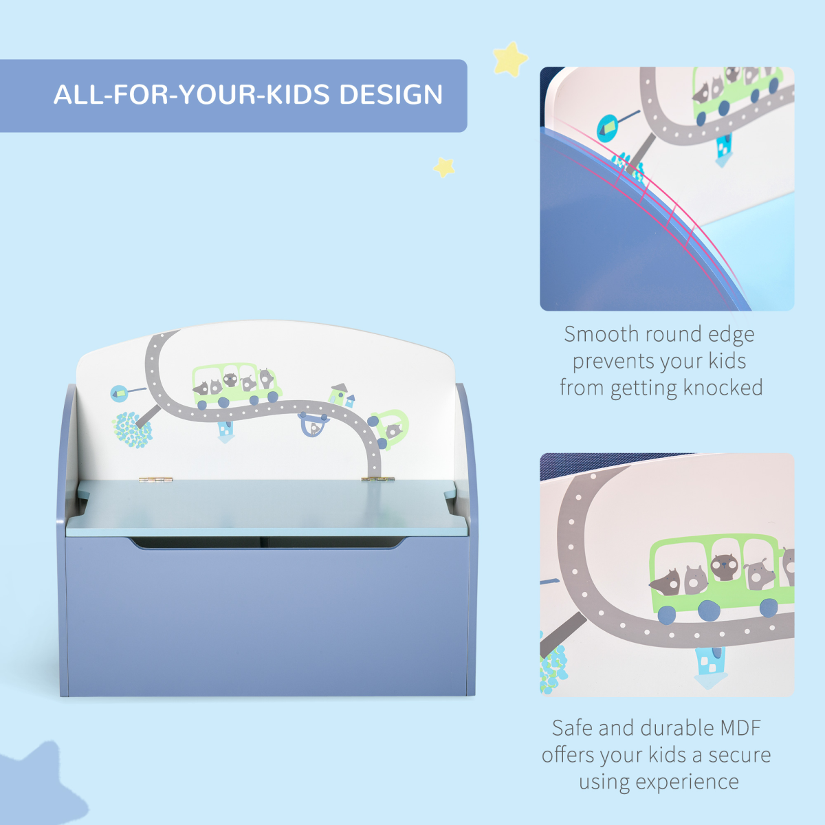 Blue wooden toy storage chest for kids, HOMCOM children's bench organizer with a spacious interior and sturdy design.