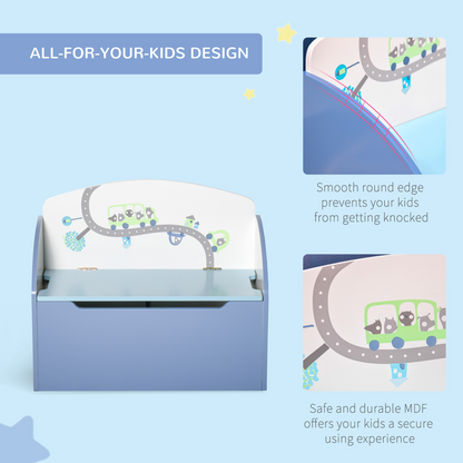 Blue wooden toy storage chest for kids, HOMCOM children's bench organizer with a spacious interior and sturdy design.