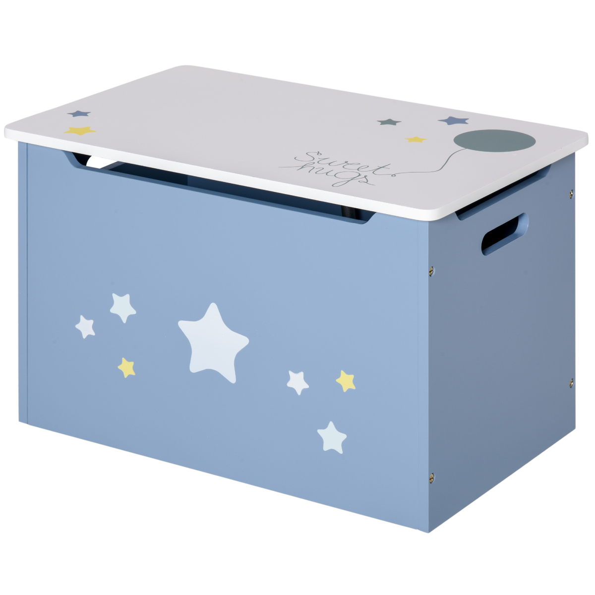 Blue kids wooden toy box with side handles, storage chest organizer for children, made by HOMCOM.