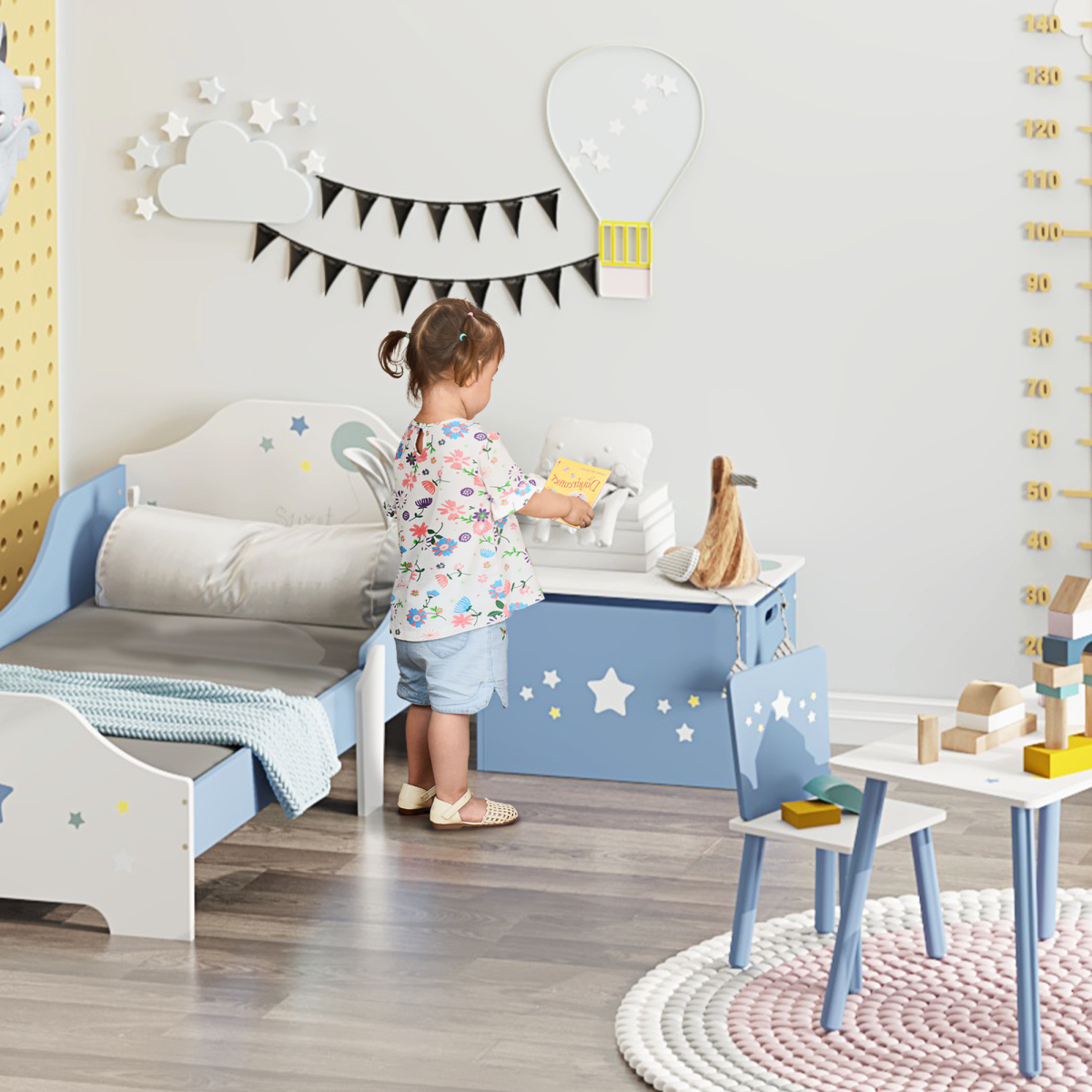 Blue kids wooden toy box with side handles, children’s storage chest organizer by HOMCOM, sturdy and child-friendly design.