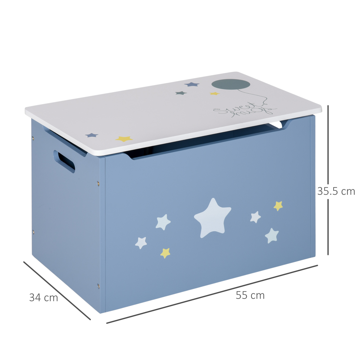 Blue wooden kids' toy box with side handles, storage chest organizer for children, unbranded wooden toy storage solution