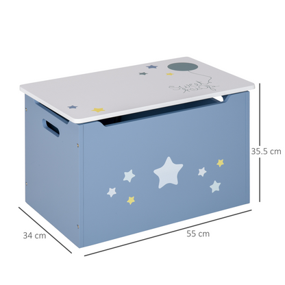 Blue wooden kids' toy box with side handles, storage chest organizer for children, unbranded wooden toy storage solution