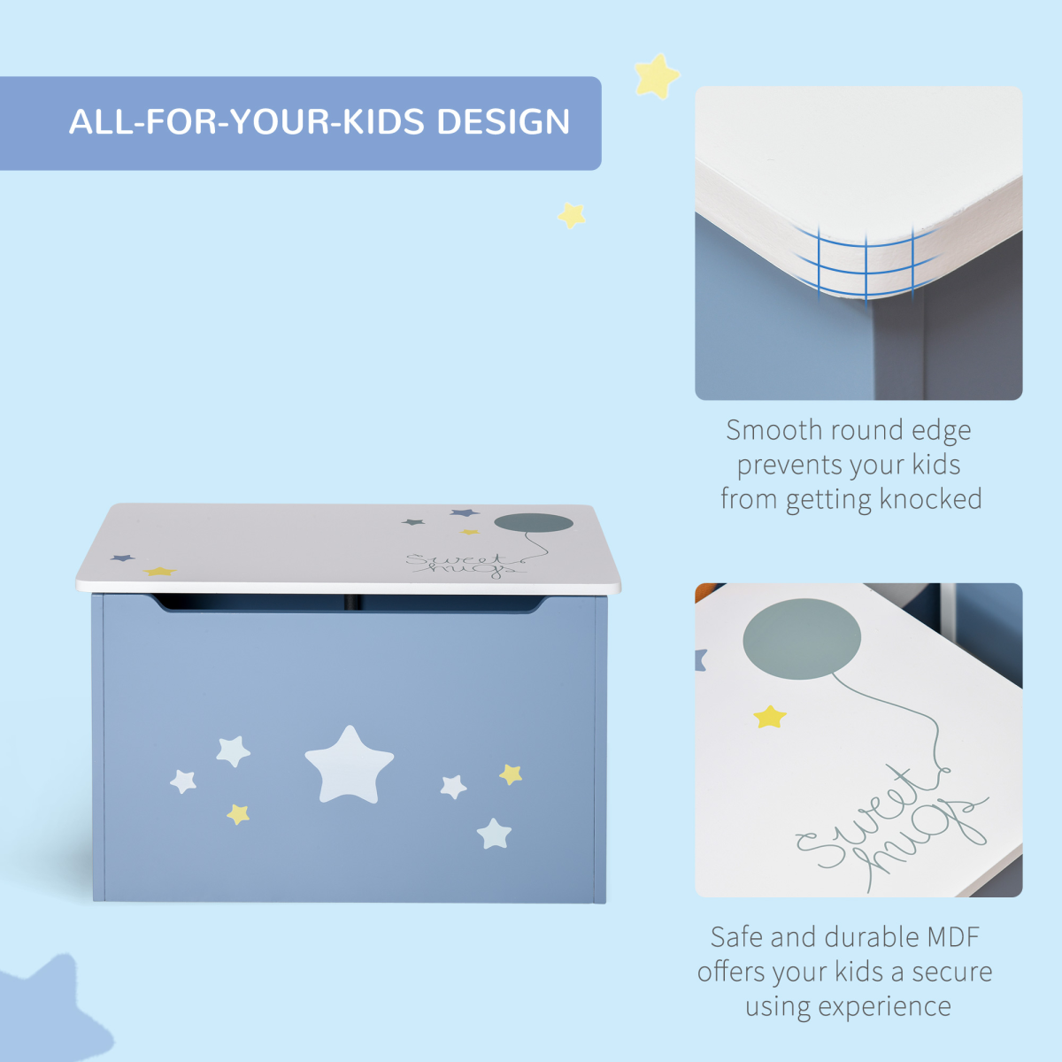 Blue wooden kids toy box with side handle, storage chest organizer for children, by HOMCOM, featuring a sturdy design and spacious interior.