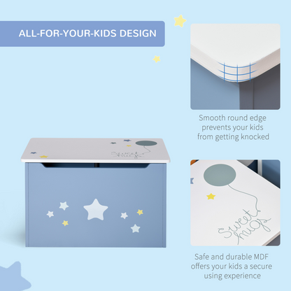 Blue wooden kids toy box with side handle, storage chest organizer for children, by HOMCOM, featuring a sturdy design and spacious interior.