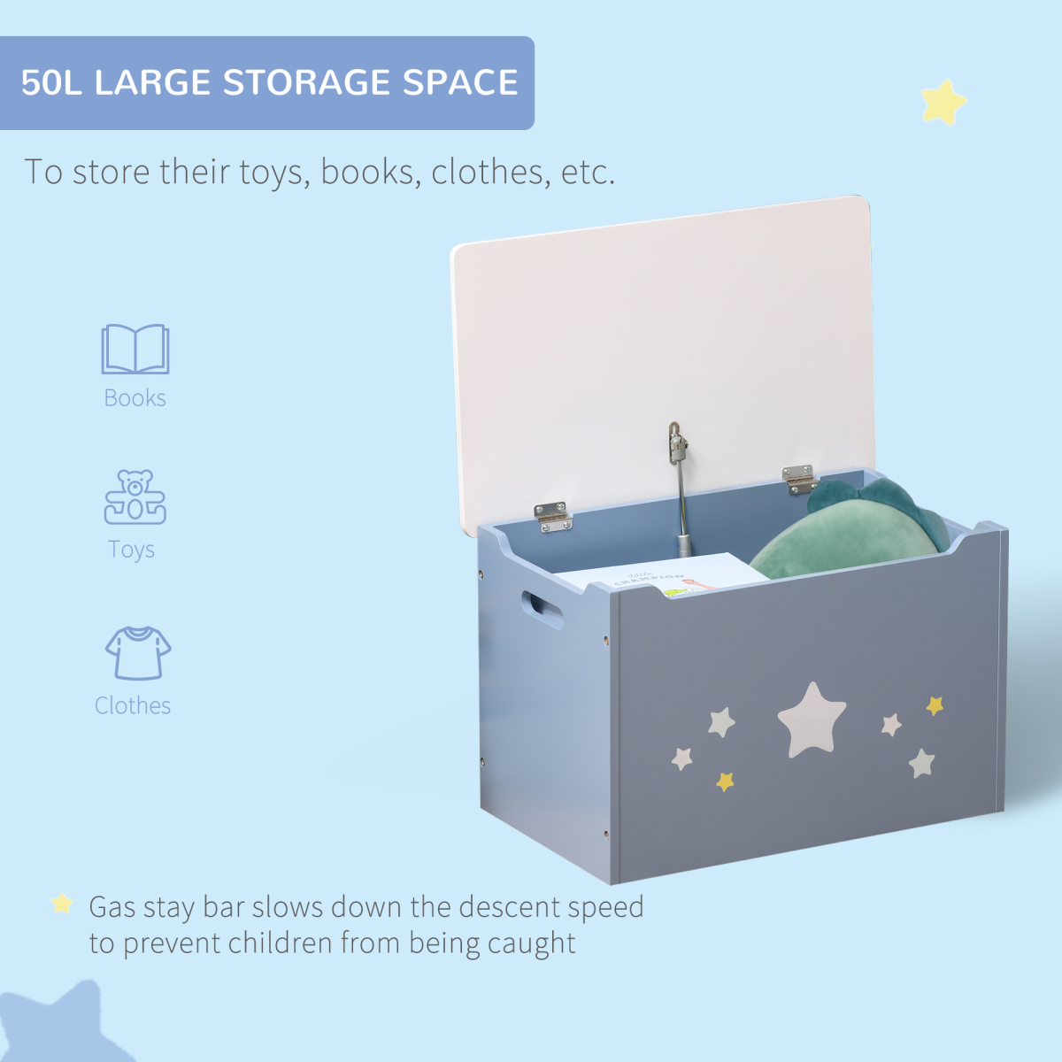 Blue kids wooden toy box with side handles, storage chest organizer for children, made by HOMCOM.