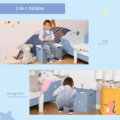 Blue kids wooden toy box with side handles, storage chest organizer for children, ideal for organizing toys and playroom essentials.