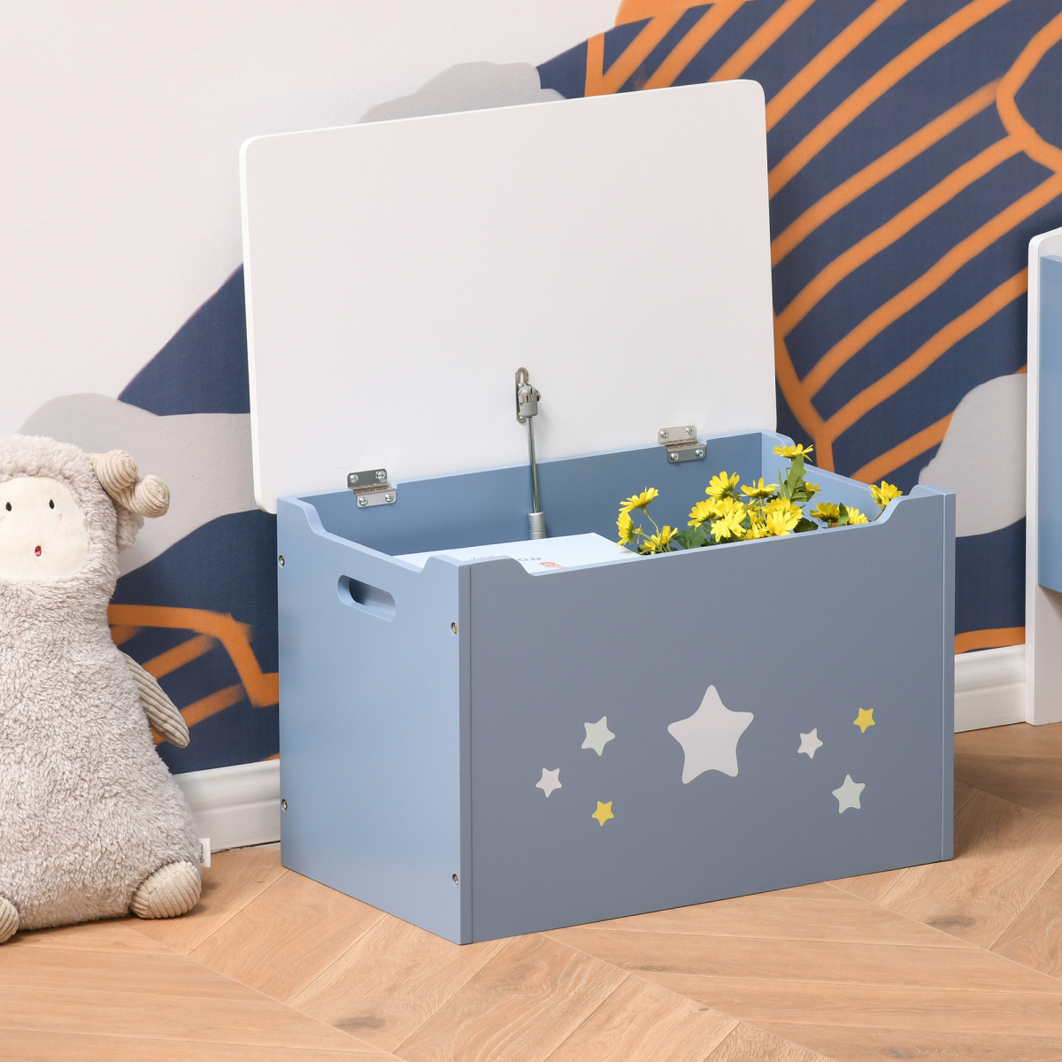 Blue wooden kids toy box with side handles, storage chest and organiser by HOMCOM for children’s playroom or bedroom.