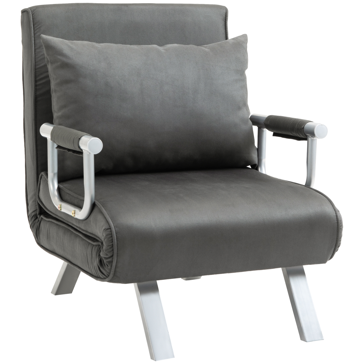 Foldable dark grey sofa bed and portable armchair with pillow, ideal for lounge and sleeper seating.