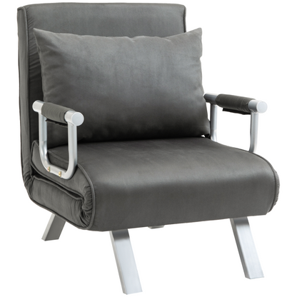 Foldable dark grey sofa bed and portable armchair with pillow, ideal for lounge and sleeper seating.