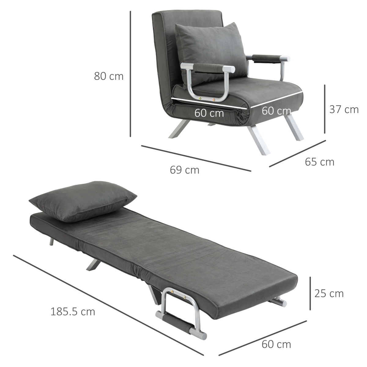 Foldable dark grey sofa bed and portable armchair with pillow, perfect for lounge and sleeper use.