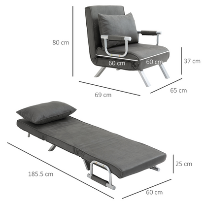 Foldable dark grey sofa bed and portable armchair with pillow, perfect for lounge and sleeper use.