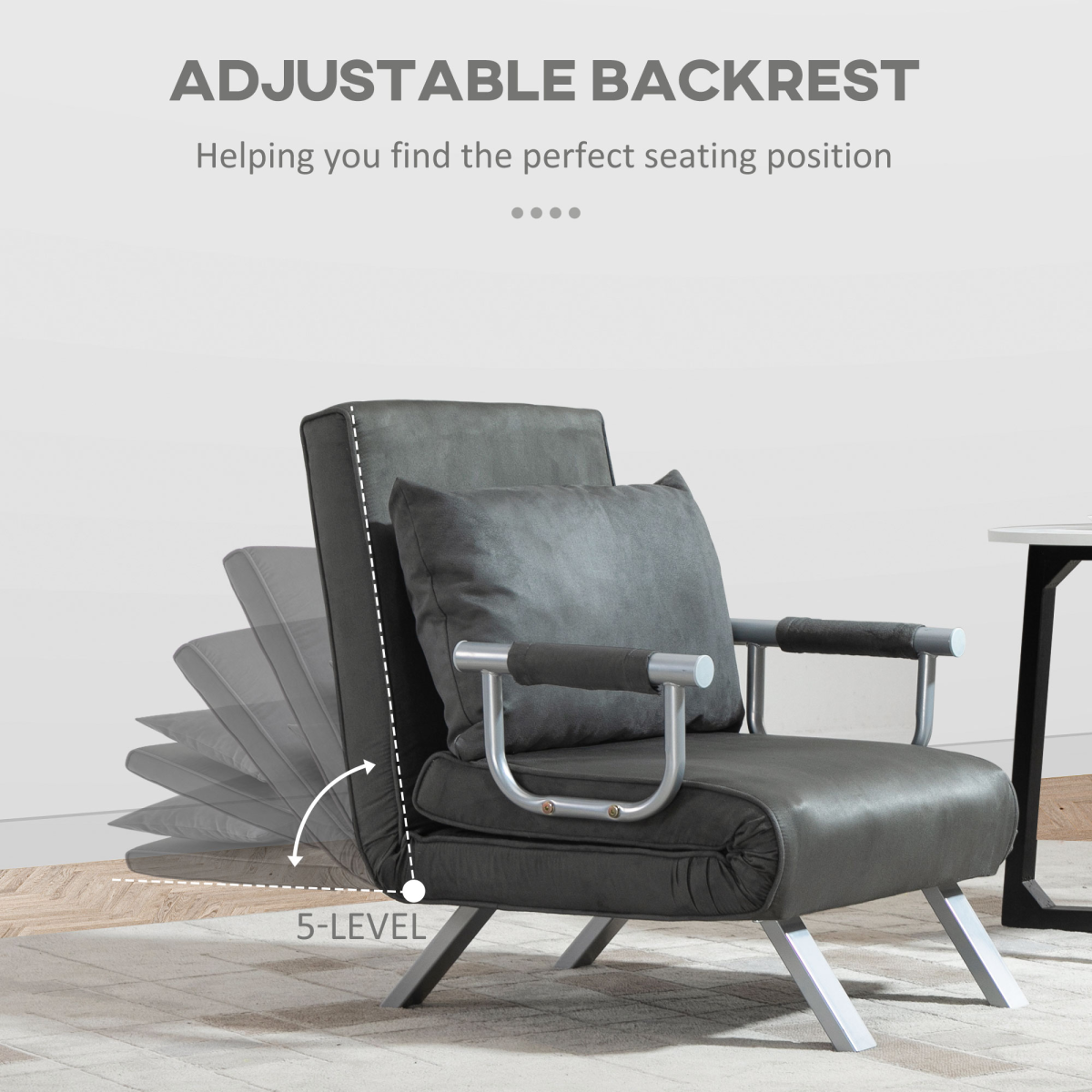 Dark grey foldable sofa bed and portable armchair with pillow, ideal for lounging and sleeping, unbranded.
