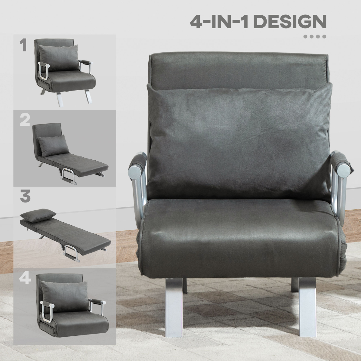 Foldable dark grey sofa bed and portable armchair with pillow, ideal as a sleeper lounge chair for versatile comfort.