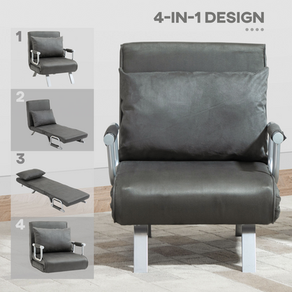 Foldable dark grey sofa bed and portable armchair with pillow, ideal as a sleeper lounge chair for versatile comfort.