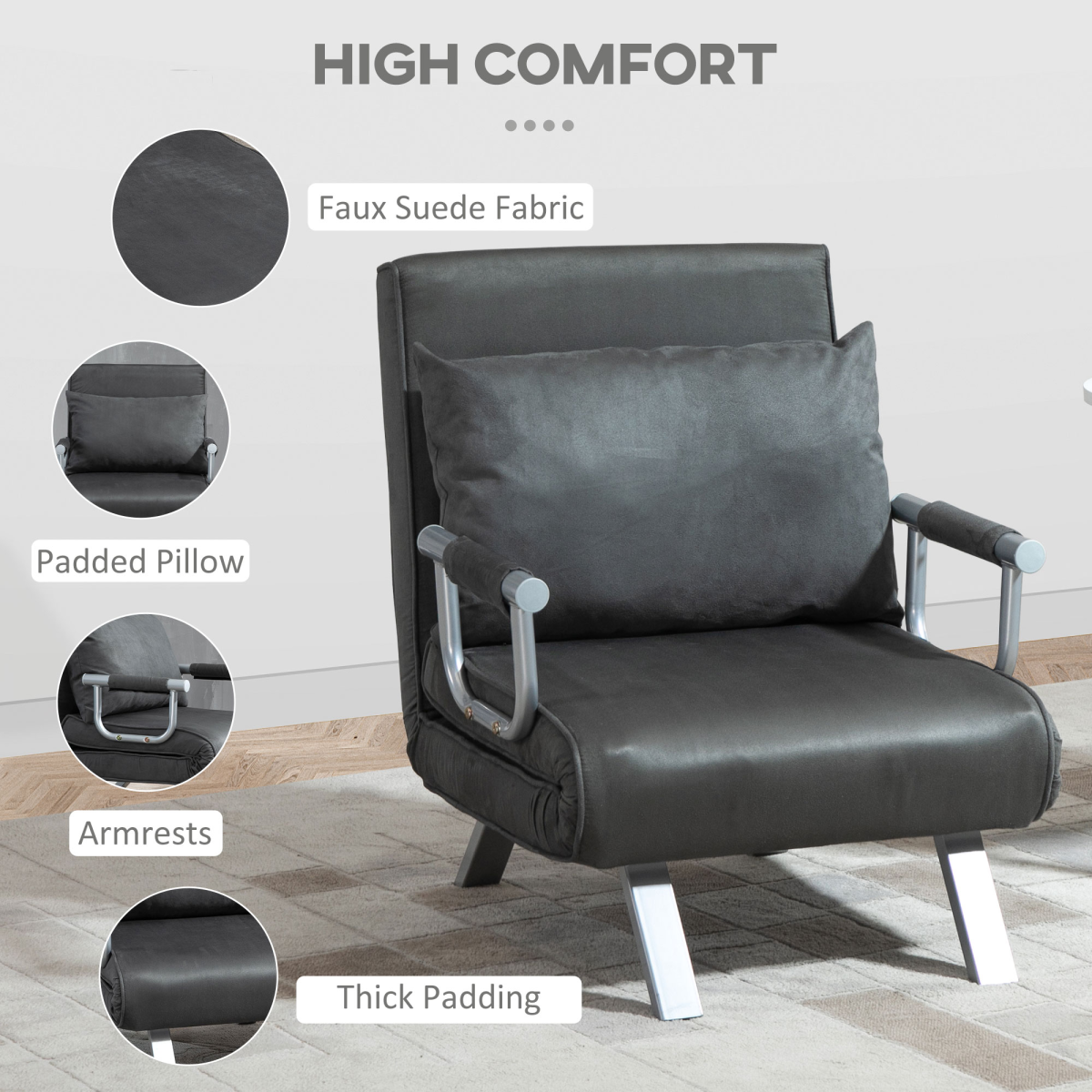 Foldable dark grey sofa bed with pillow, portable armchair sleeper lounge, compact and versatile for comfortable seating and sleeping.