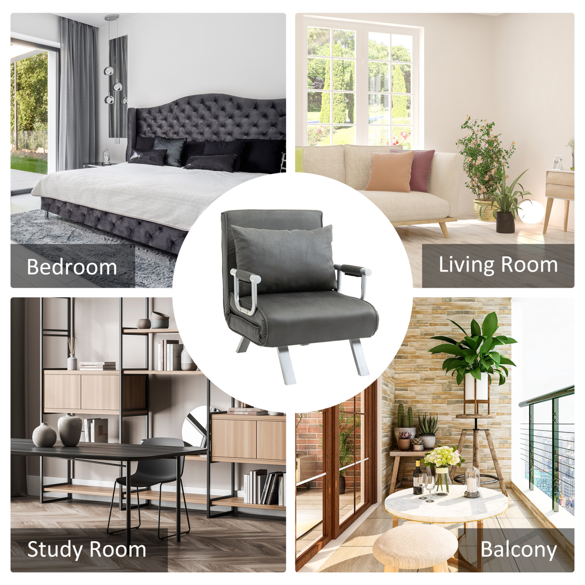 Dark grey foldable sofa bed and portable armchair with pillow, ideal for lounging and sleeping.