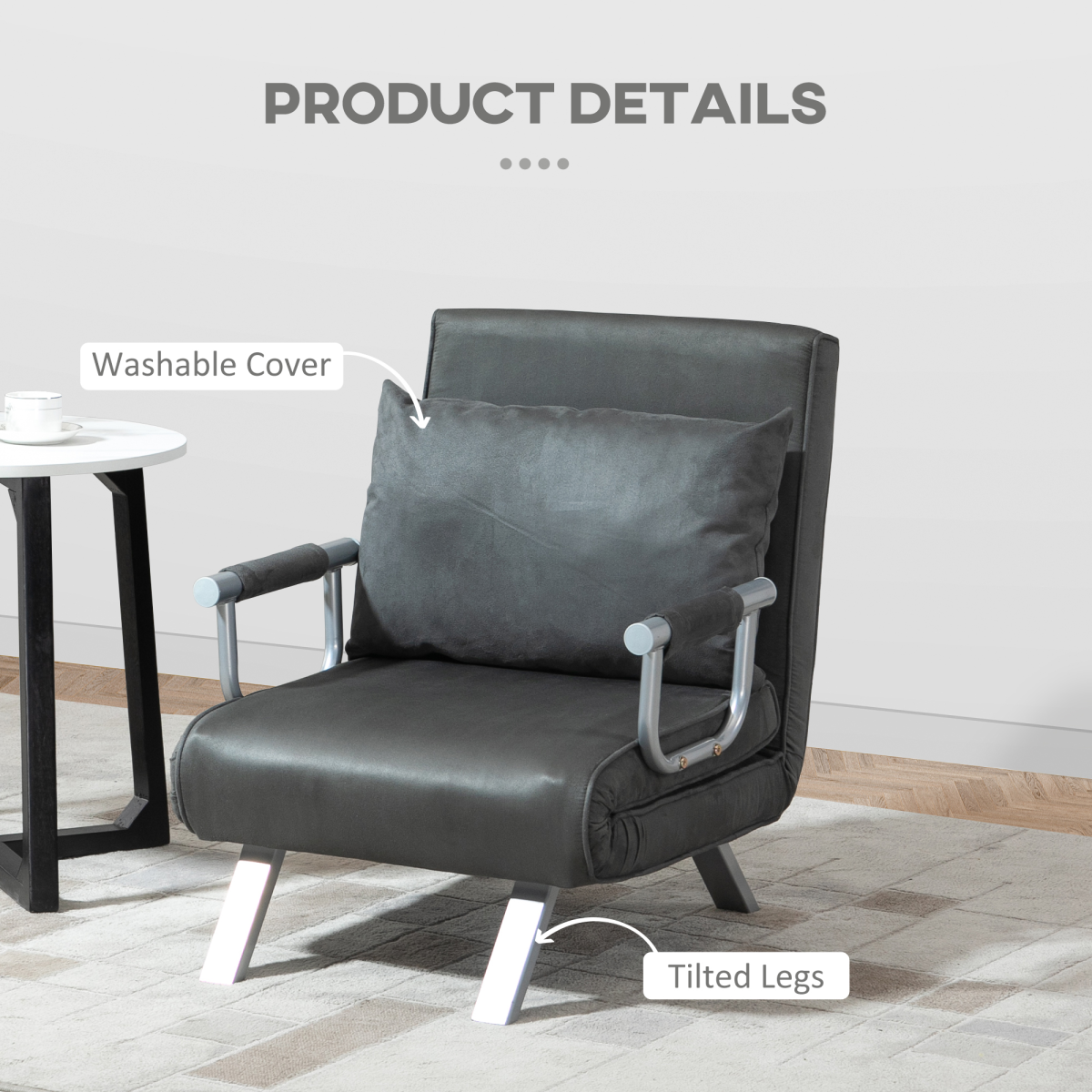 Foldable dark grey sofa bed and portable armchair with pillow, ideal as a sleeper lounge chair for versatile comfort.