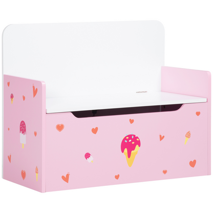 Pink two-in-one wooden toy box and kids storage bench with safety rod, ideal for children's playroom organization.