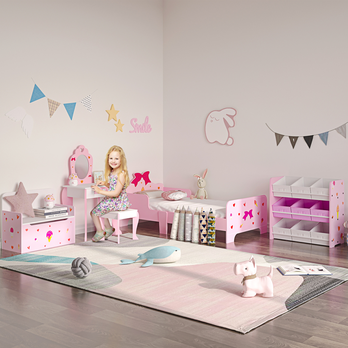 Pink wooden toy storage bench for kids with safety rod, two-in-one design, sturdy kids' toy box and seating.