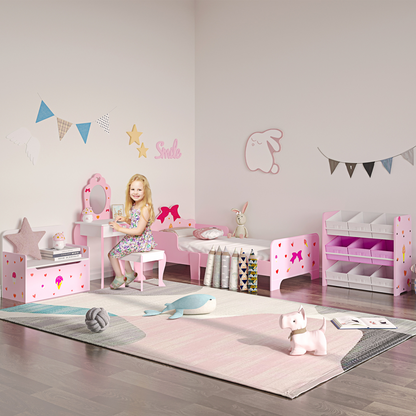 Pink wooden toy storage bench for kids with safety rod, two-in-one design, sturdy kids' toy box and seating.
