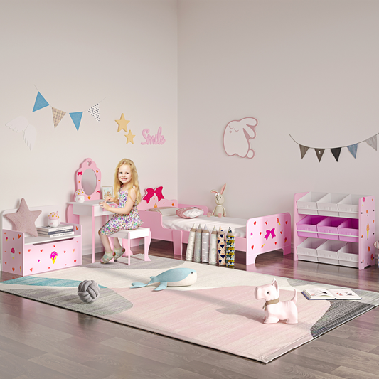 Pink wooden toy storage bench for kids with safety rod, two-in-one design, sturdy kids' toy box and seating.