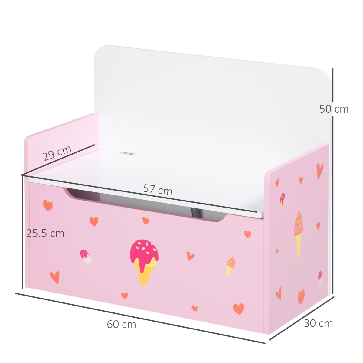 Pink wooden toy box and kids storage bench with safety rod, two-in-one design for children's toy organization and seating.