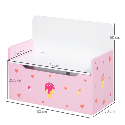 Pink wooden toy box and kids storage bench with safety rod, two-in-one design for children's toy organization and seating.