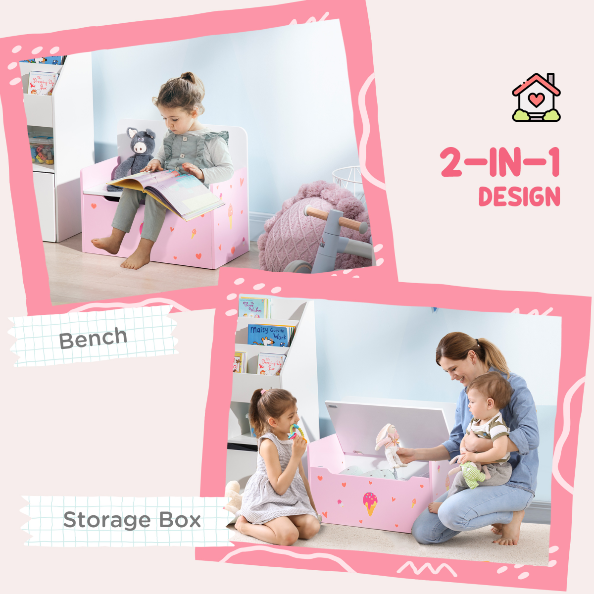 Pink wooden toy box and kids storage bench with safety rod, versatile two-in-one kids' storage furniture.