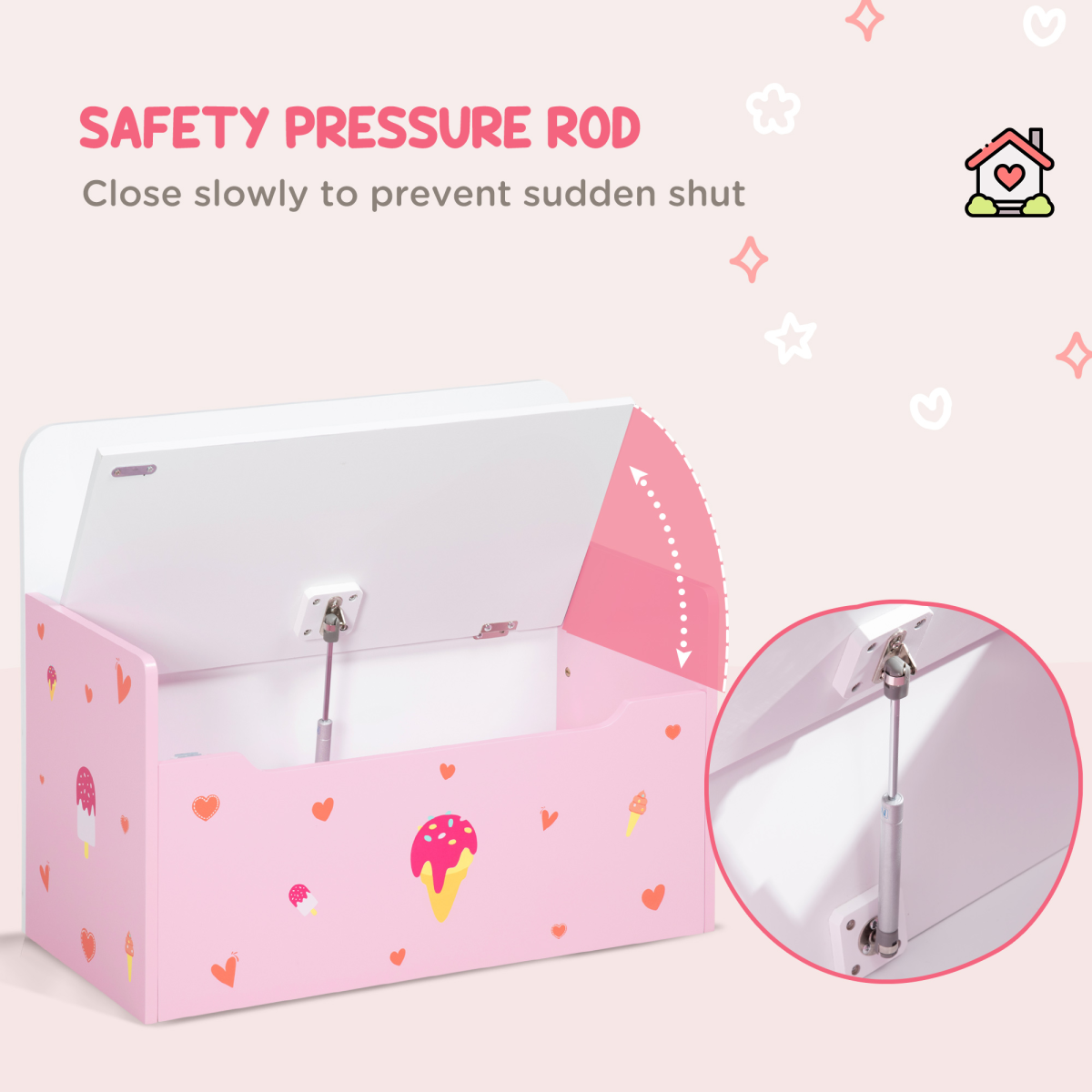 Pink wooden toy box and kids storage bench with safety rod, designed for safe and organized playroom storage.