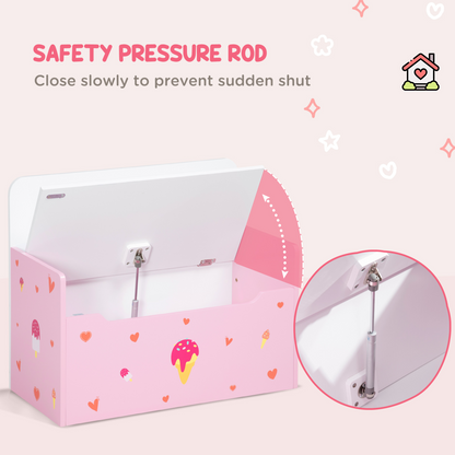 Pink wooden toy box and kids storage bench with safety rod, designed for safe and organized playroom storage.