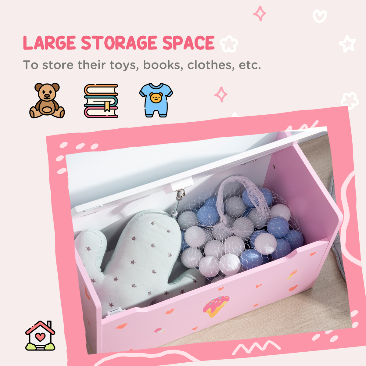 Pink wooden toy box and kids storage bench with safety rod, Two-In-One design for children’s toys and organization.