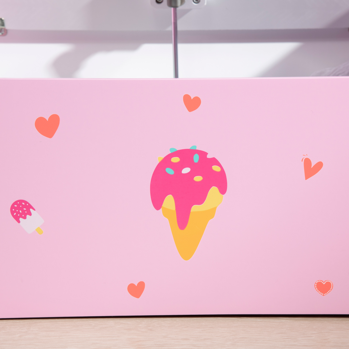 Pink wooden toy storage bench for kids with safety rod, dual-purpose design for toys and seating, unbranded.