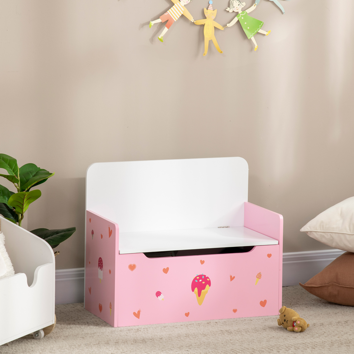 Pink wooden toy box and kids storage bench with safety rod, versatile two-in-one toy storage solution for children.