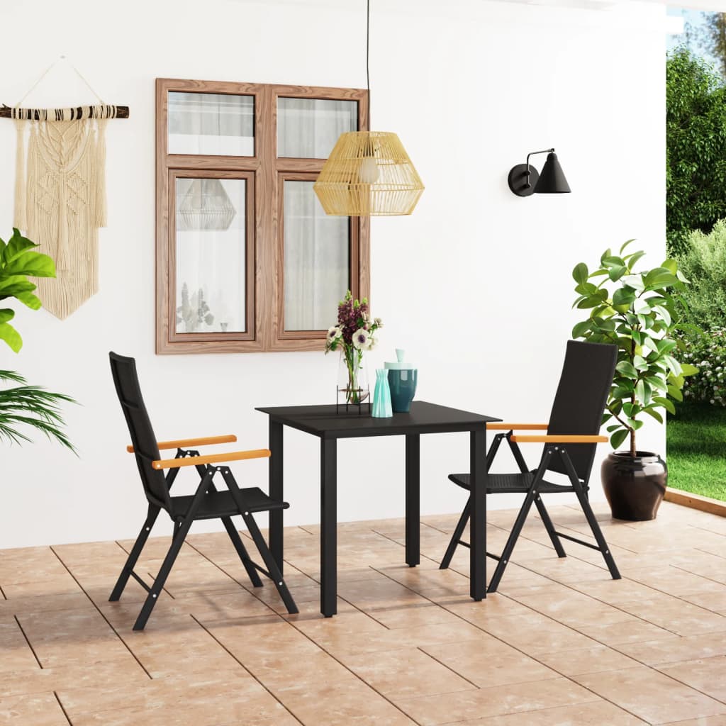 vidaXL 3-piece garden dining set with black and brown finish, includes table and two chairs for outdoor dining.
