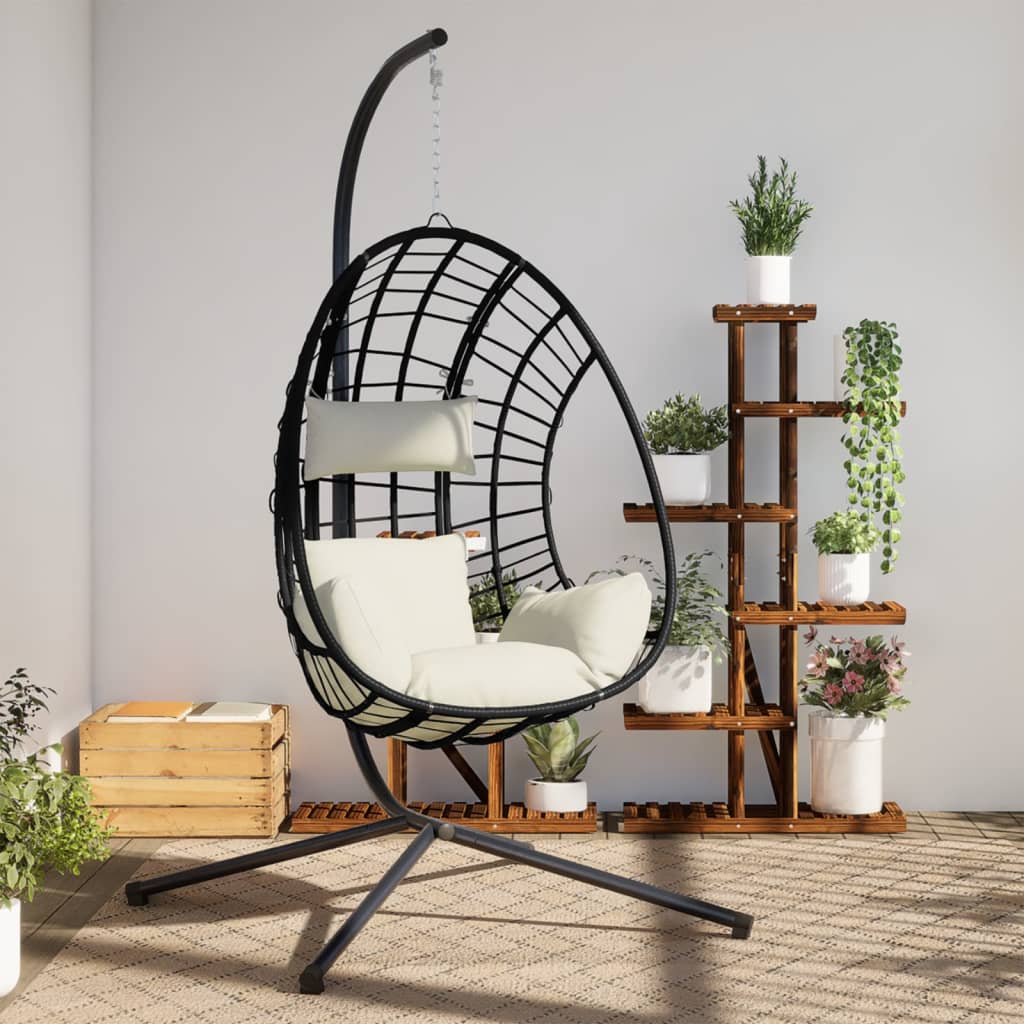 Beige hanging egg chair with stand, made of anthracite rattan and steel, designed for outdoor relaxation by vidaXL.