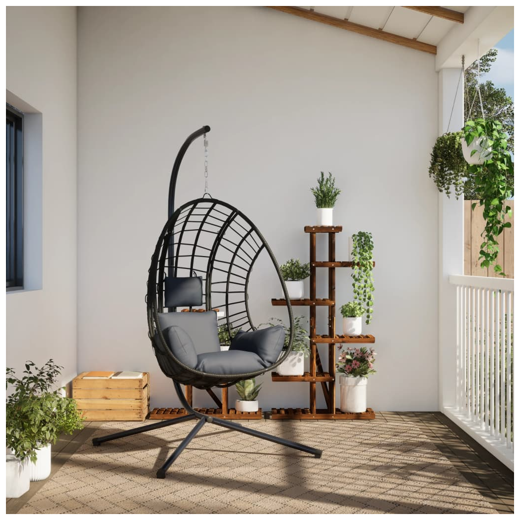 Beige hanging egg chair with steel stand, anthracite rattan design, comfortable seating and modern outdoor furniture style.
